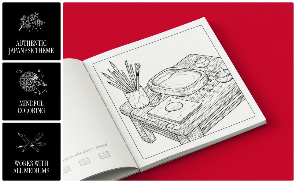 Sample illustrations from Wabi-Sabi Japanese coloring book for adults