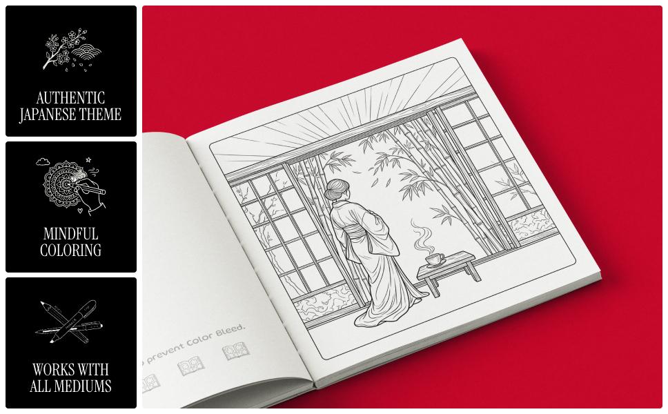 Sample illustrations from Ikigai Japanese coloring book for adults