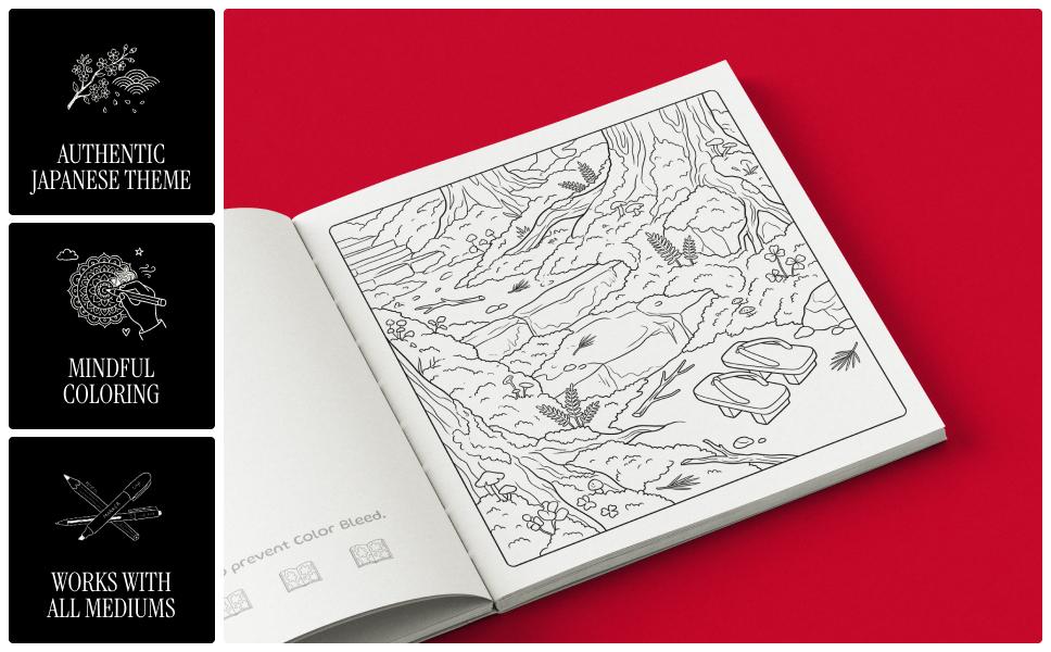 Sample illustrations from Shinrin-Yoku Japanese coloring book for adults