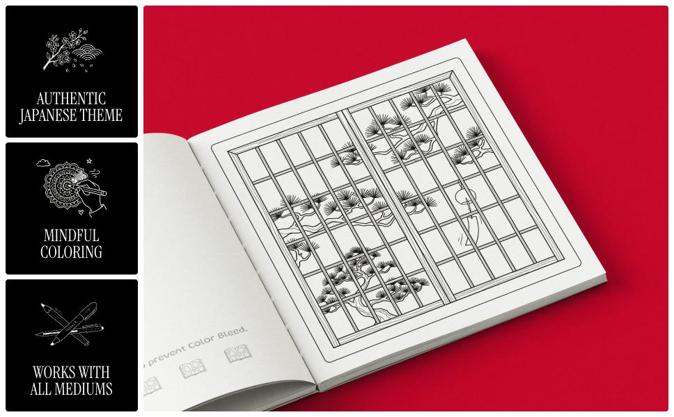 Sample illustrations from Komorebi Japanese coloring book for adults