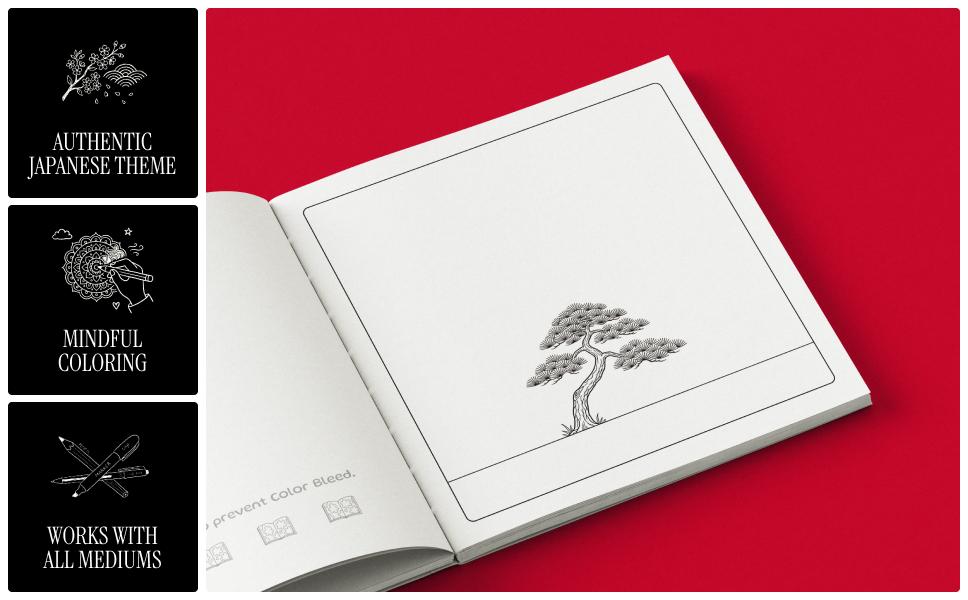 Sample illustrations from Ma Japanese coloring book for adults