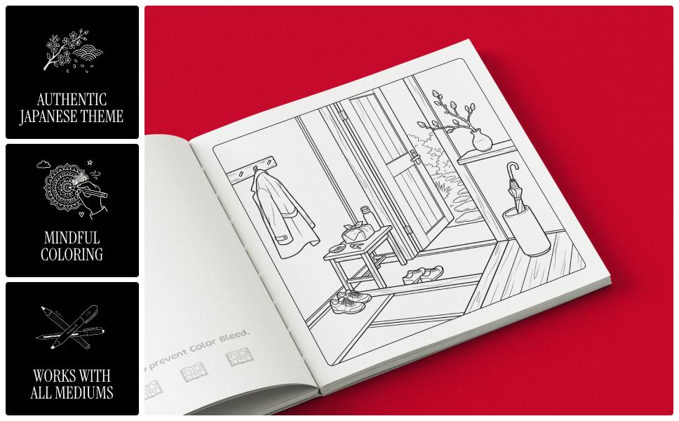 Sample illustrations from Kaizen Japanese coloring book for adults
