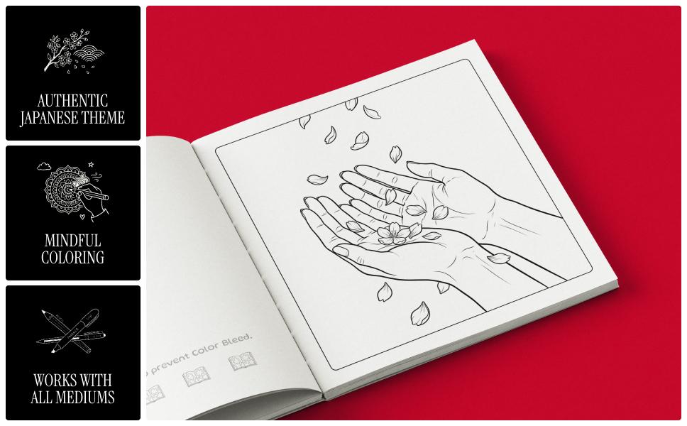 Sample illustrations from Mono No Awaré Japanese coloring book for adults