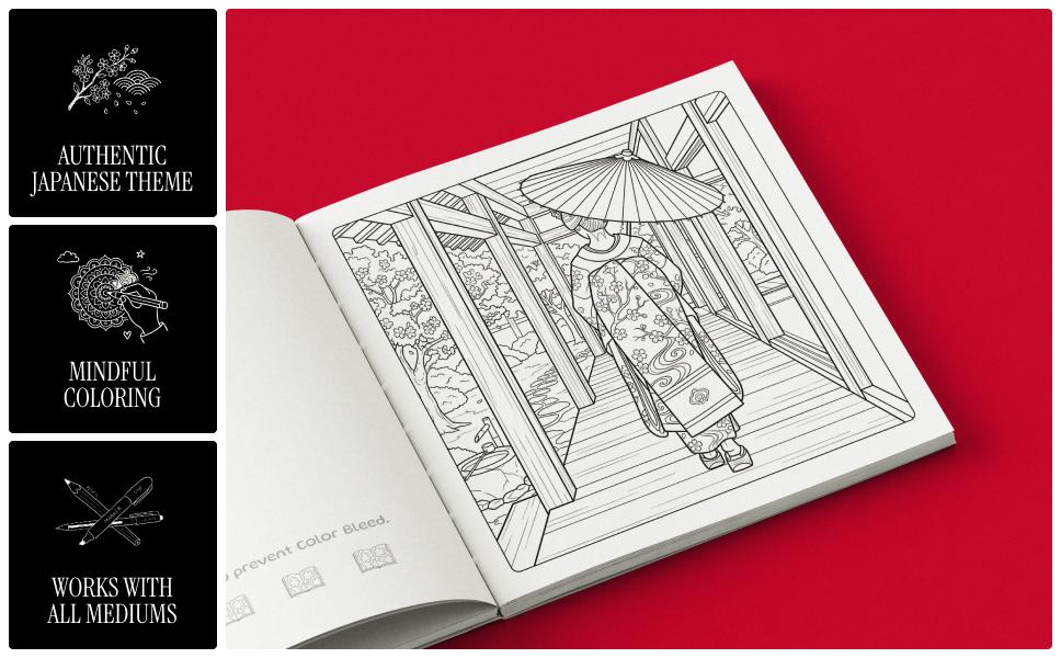 Sample illustrations from Haru Japanese coloring book for adults