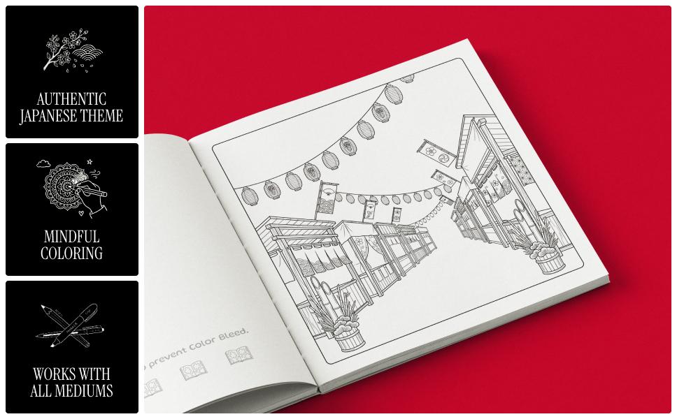 Sample illustrations from Natsu Japanese coloring book for adults