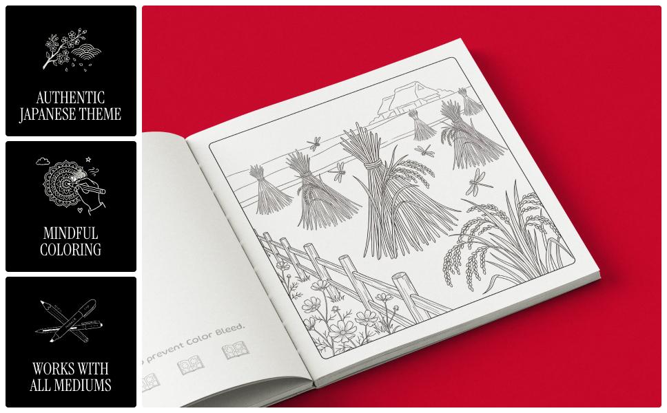 Sample illustrations from Aki Japanese coloring book for adults